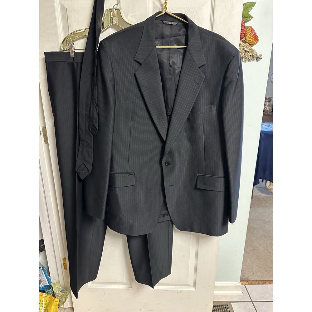 Warren Sewell Men's Wool Poly Suit Black Stripe 70s 46L 40x30 2 Pc Mob Formal